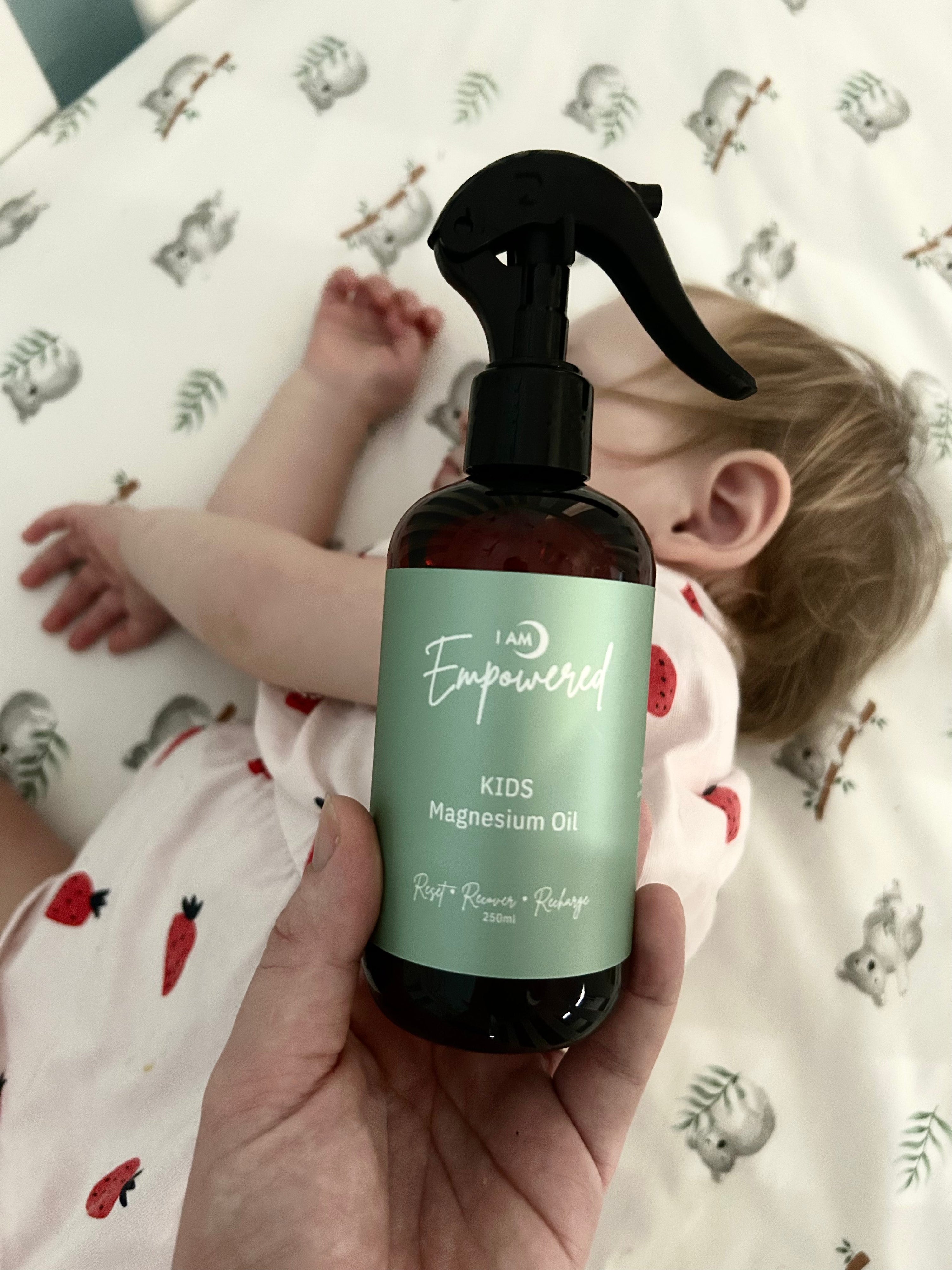 Kids magnesium oil spray for sleep and relaxation used in baby bedtime routine