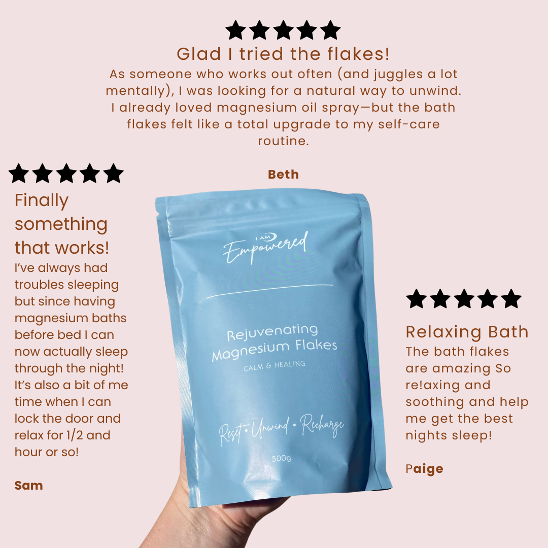 Customer reviews of I Am Empowered’s Rejuvenating Magnesium Flakes for sleep, muscle recovery, and relaxation. Includes 5-star testimonials from Beth, Sam, and Paige highlighting improved sleep quality, post-workout recovery, and soothing self-care routines using natural magnesium bath flakes. Image of a 500g blue pouch labeled 'Rejuvenating Magnesium Flakes – Calm & Healing' being held in hand
